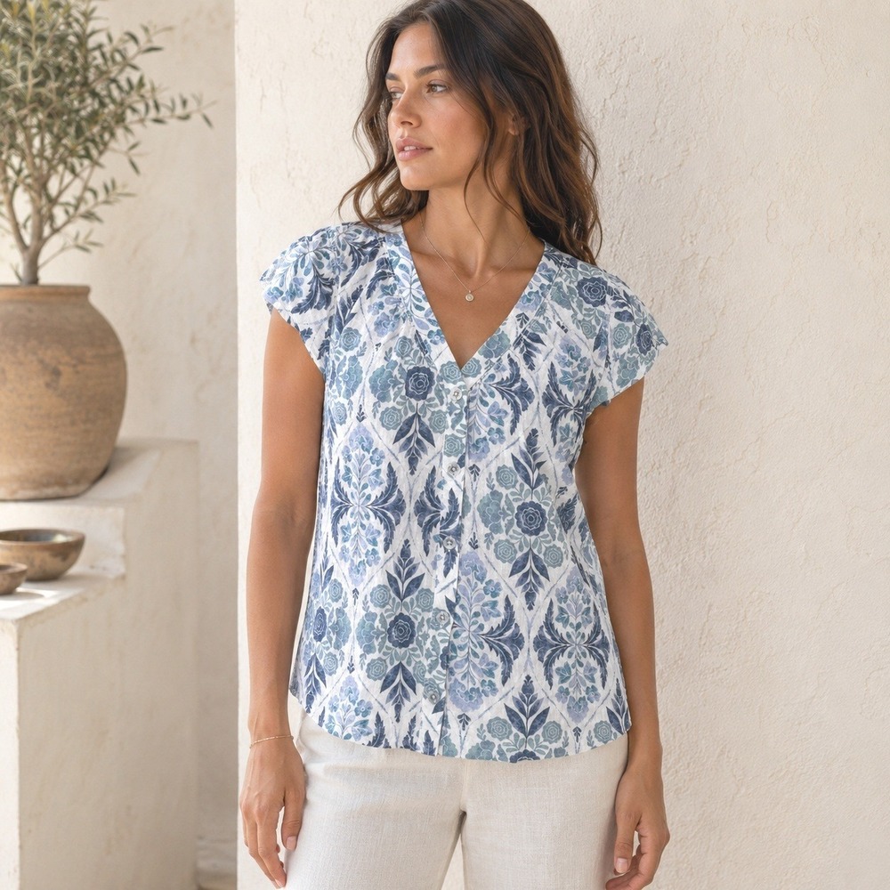 NEXT Linen Blnd Ruffle Cap Sleeve Button Top Size 10 Coastal Cottage Boho Resort